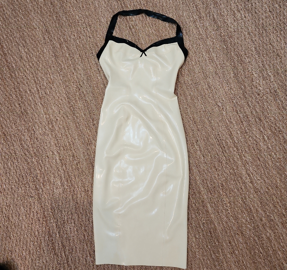 Latex Cream Midi Dress with Black Halter With Trim Size S